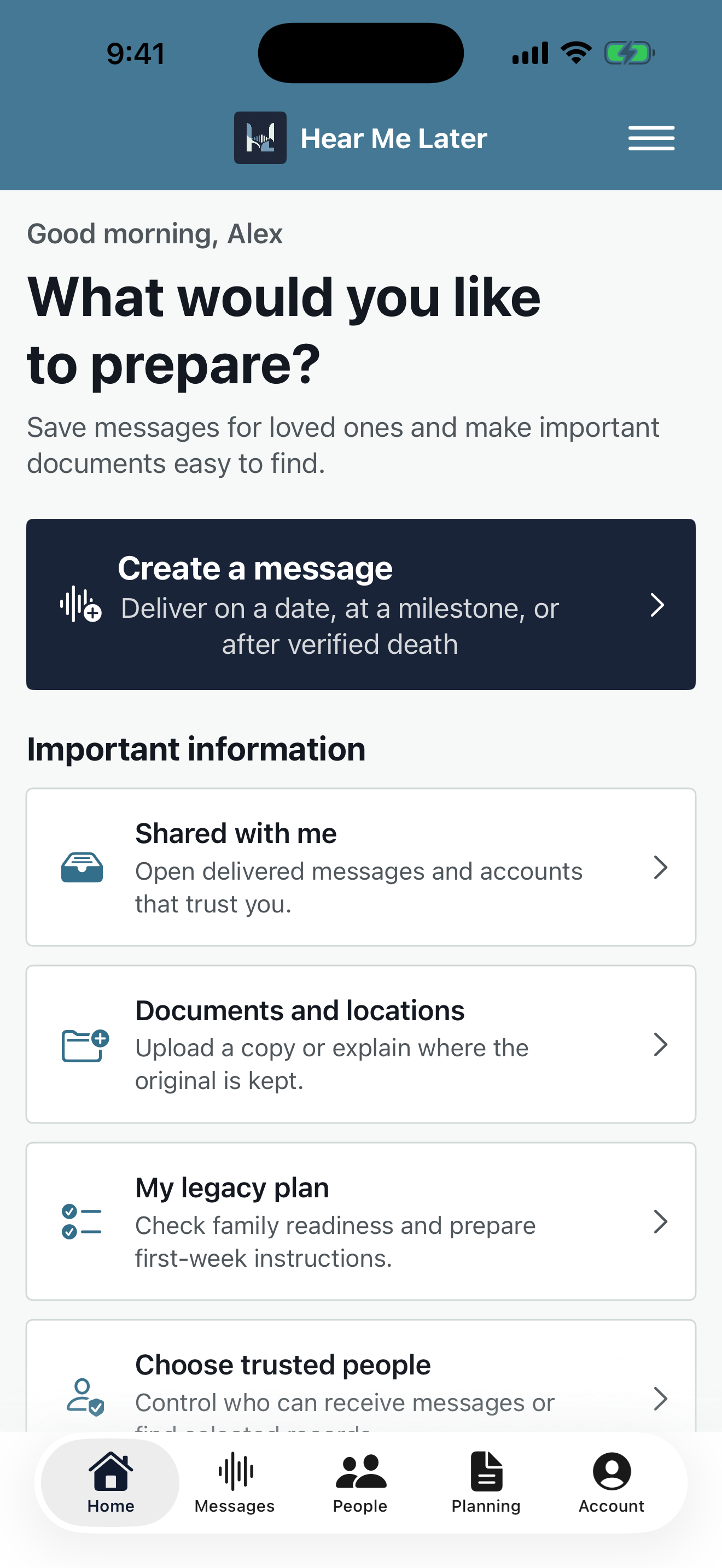 The Hear Me Later iPhone home screen showing messages, shared access, document locations, and legacy planning