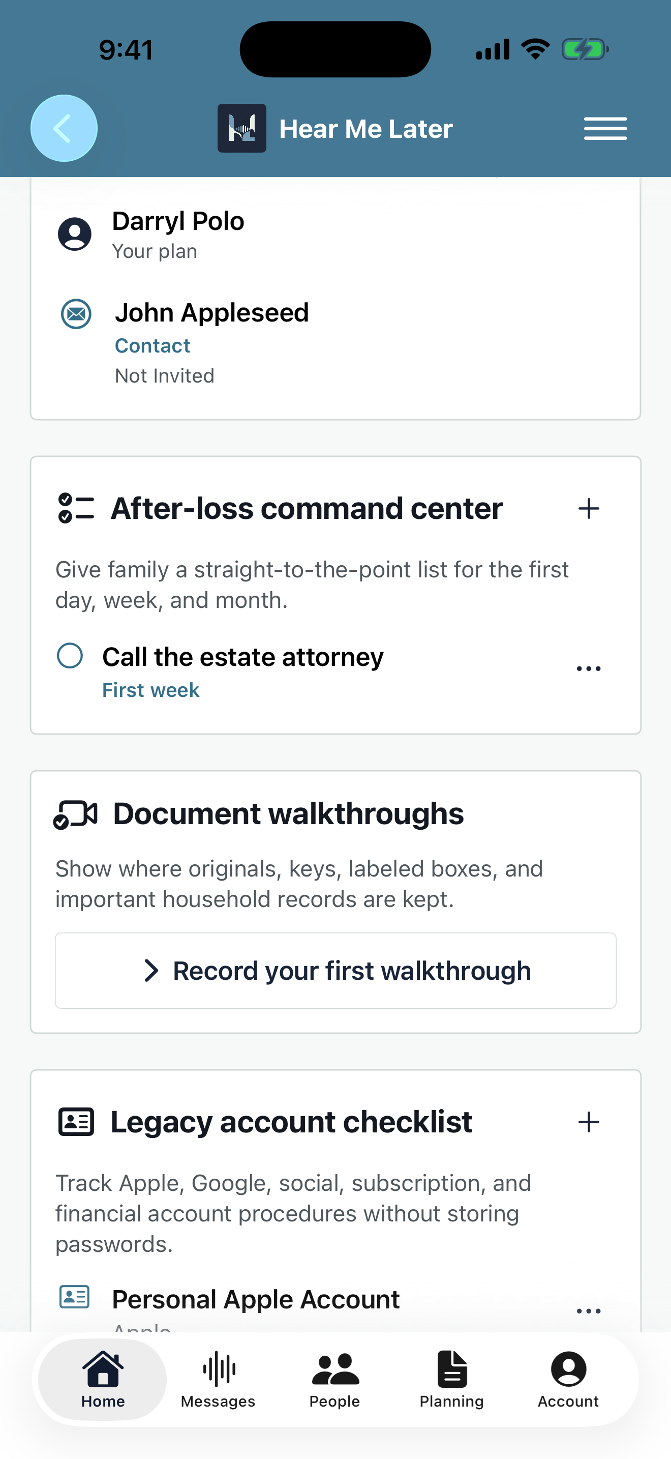 The Hear Me Later My Legacy Plan screen showing readiness progress, a family map, after-loss tasks, and accounts to locate